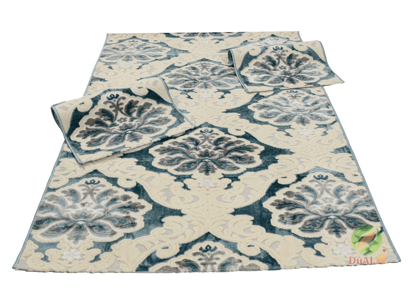 Set Covor Defne Baroca Albastru, 3 covoare, 200x280 cm - 1 bucata, 60x120 cm - 2 bucati