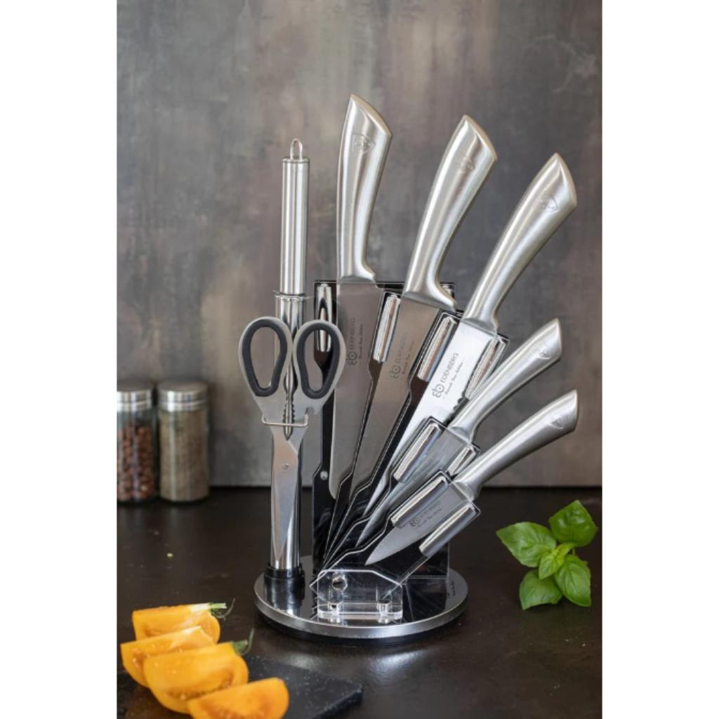 Kitchen Set 8 Pieces/5 Knives Rotary Holder Black/Red/Grey