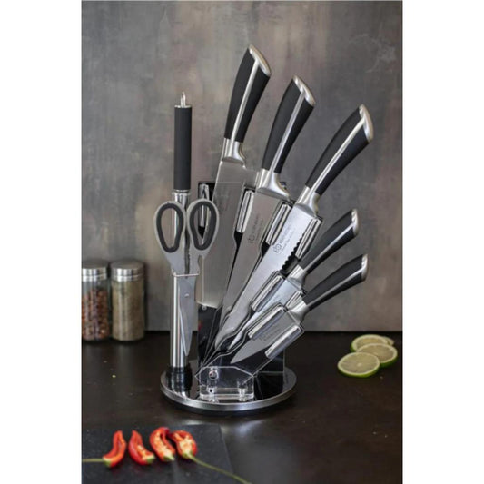 Kitchen Set 8 Pieces/5 Knives Rotary Holder Black/Red/Grey