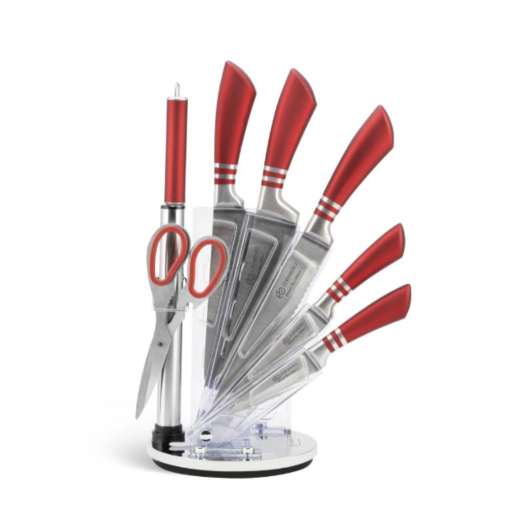 Kitchen Set 8 Pieces/5 Knives Rotary Holder Black/Red/Grey