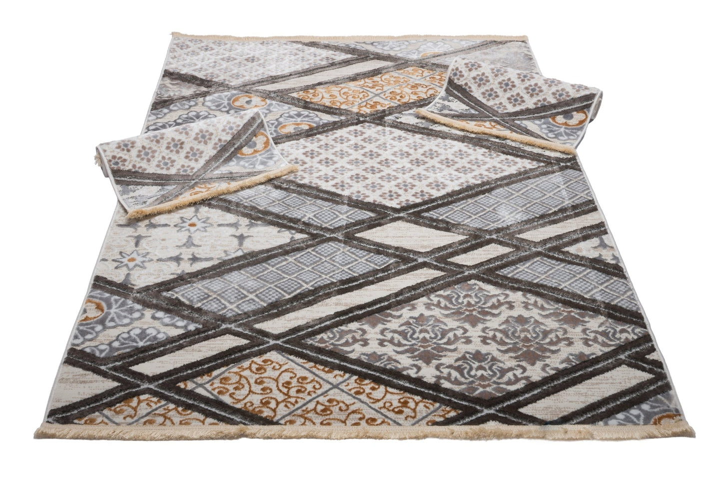 Set Covor Defne Dinamic Bej-Gri, 3 covoare, 140x210 cm - 1 bucata, 60x120 cm - 2 bucati