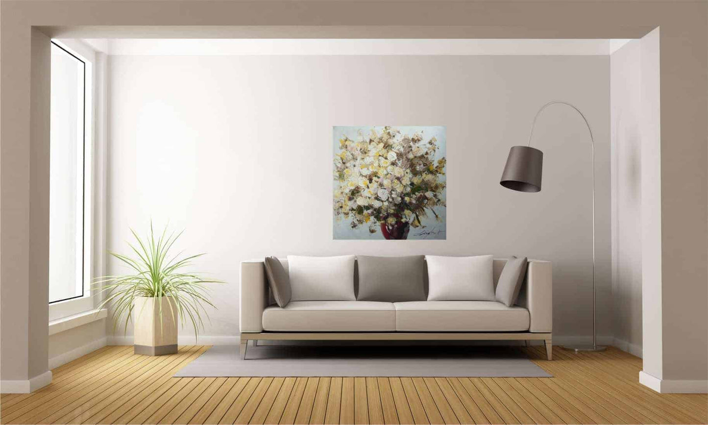 White Geranium Hand Painted Painting, 60x60 cm, FSC 100%