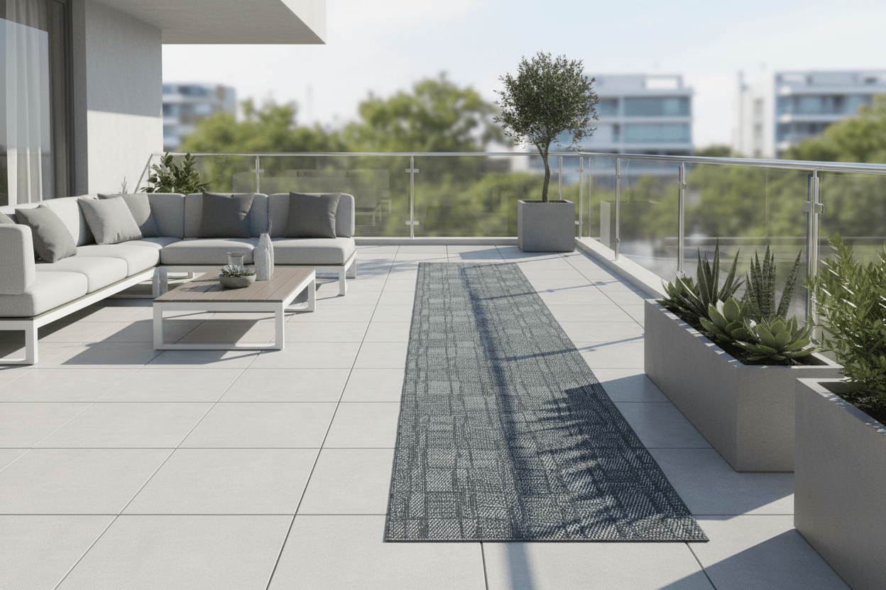 Traversa 80 cm covor interior/exterior reversibil alb/verde – model geometric, 2 fete